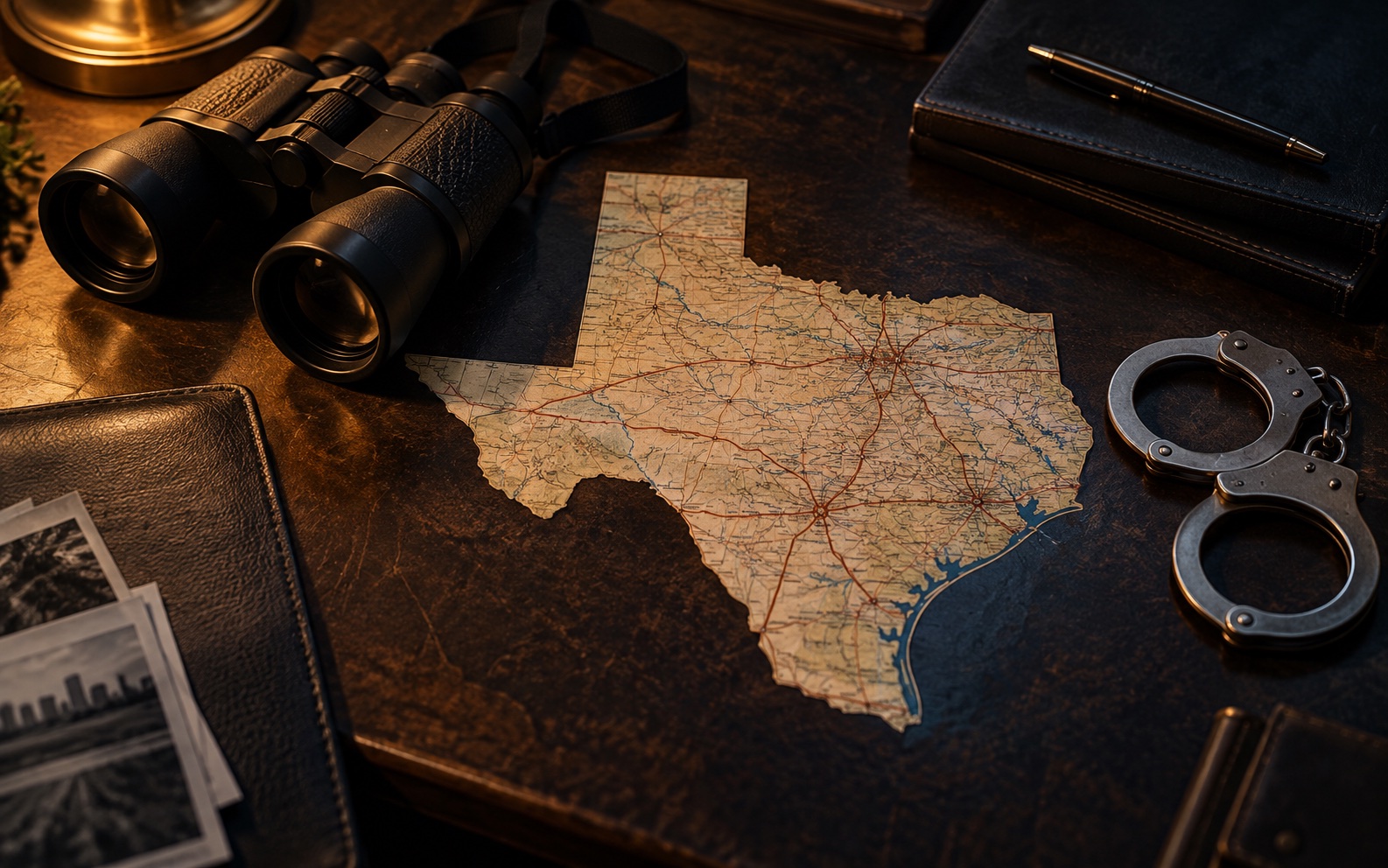 Texas investigation map with binoculars and handcuffs