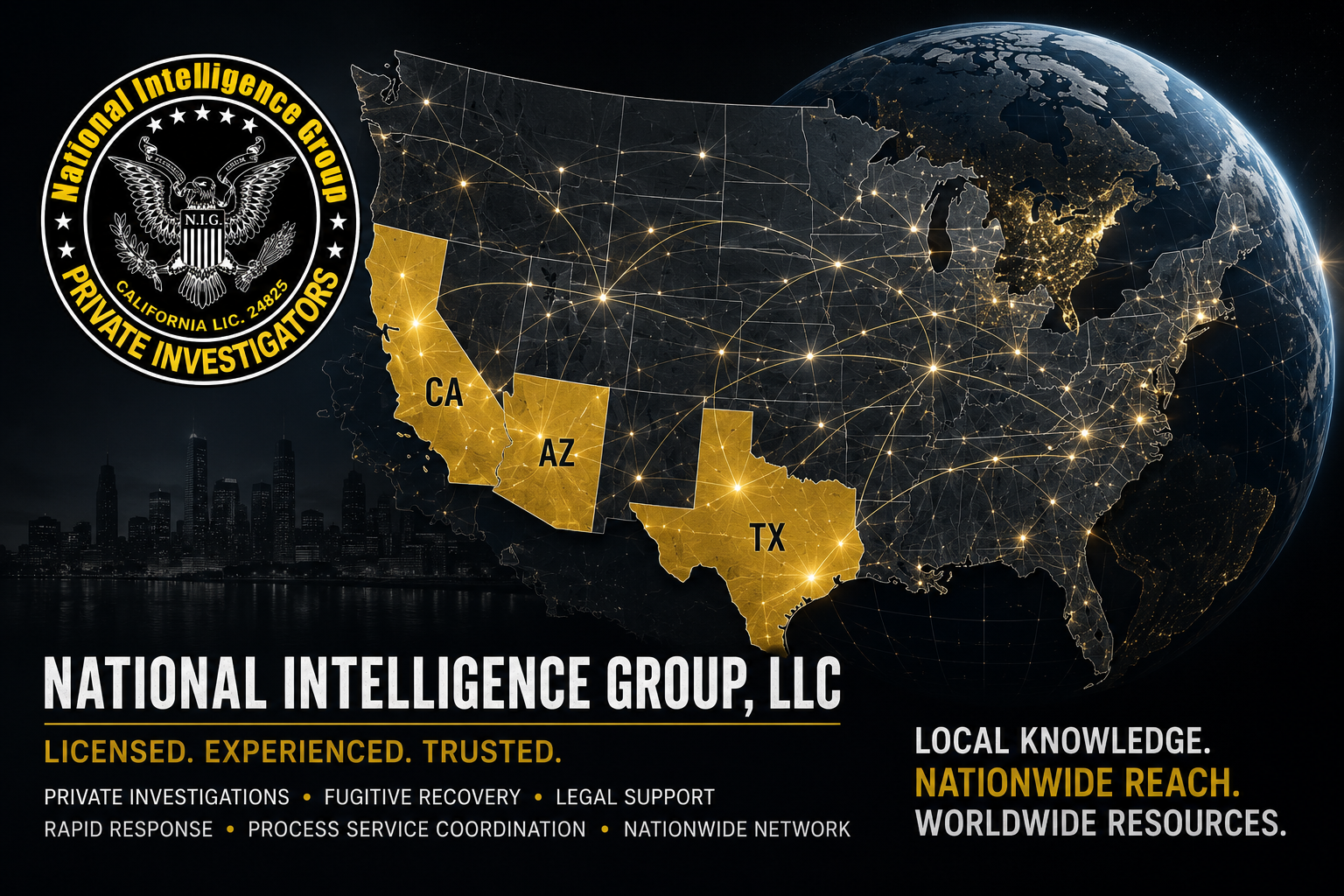 National Intelligence Group graphic showing United States map, globe, and California, Arizona, and Texas highlighted